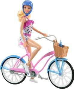 Barbie Doll & Bike Set with Accessories, Blonde in Rainbow Romper with Pink & Blue Bicycle, Helmet, Basket & Water Bottle - 1