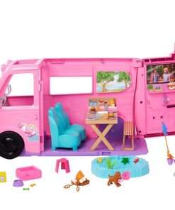 Barbie Dream Camper Playset with Roof Tent, Swing Chair, Fishing Pond, BBQ Grill with Color-Change Feature & 60+ Accessories Including Dough - 1
