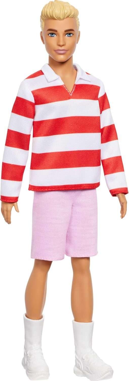 Barbie Fashionistas Ken Doll #241 with Blonde Hair Wearing Red and White Striped Polo Shirt with Pink Shorts, White Crew Socks and Sneakers - 1