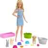 Barbie Play 'n Wash Pets Playset with 3 Color-Change Animals & 10 Toy Accessories, Blonde Fashion Doll with Blue Eyes - 1