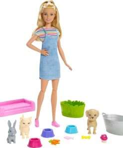 Barbie Play 'n Wash Pets Playset with 3 Color-Change Animals & 10 Toy Accessories, Blonde Fashion Doll with Blue Eyes - 1