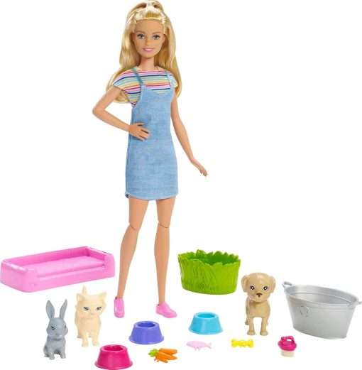 Barbie Play 'n Wash Pets Playset with 3 Color-Change Animals & 10 Toy Accessories, Blonde Fashion Doll with Blue Eyes - 1