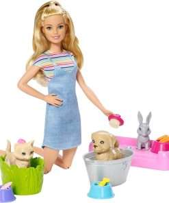 Barbie Play 'n Wash Pets Playset with 3 Color-Change Animals & 10 Toy Accessories, Blonde Fashion Doll with Blue Eyes - 10