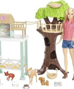 Barbie Vet Doll & Playset, Animal Rescuer Theme with 8 Wildlife Figures, Treehouse, Care Station, Rope Bridge & Accessories - 1