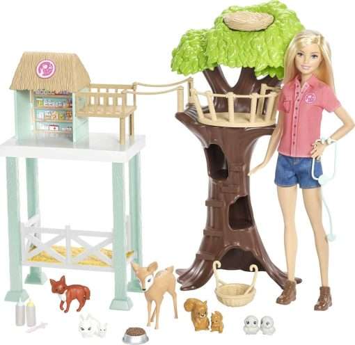 Barbie Vet Doll & Playset, Animal Rescuer Theme with 8 Wildlife Figures, Treehouse, Care Station, Rope Bridge & Accessories - 1