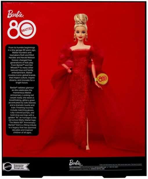 Barbie Signature Doll, Mattel 80th Anniversary Collectible in Glittery Red Tulle Gown with Drop Earrings and Sheer Gloves, Blonde Hair - 12