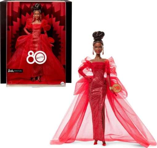 Barbie Signature Doll, Mattel 80th Anniversary Collectible in Glittery Red Tulle Gown with Drop Earrings and Sheer Gloves, Brunette - 1