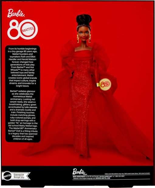 Barbie Signature Doll, Mattel 80th Anniversary Collectible in Glittery Red Tulle Gown with Drop Earrings and Sheer Gloves, Brunette - 6