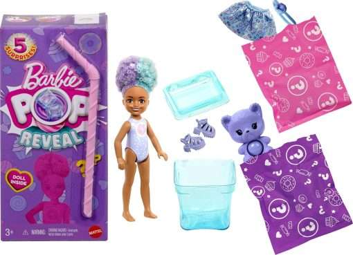 Barbie Chelsea Pop Reveal Doll Set, Treat Series with 5 Surprises Including Scented Small Doll, Pop-It Pet & Color Change - 5