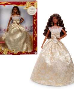 Barbie Signature 2025 Holiday Black Hair Fashion Doll Wearing Silver & Gold Gown, Seasonal Collector in Displayable Packaging & Stand - 1