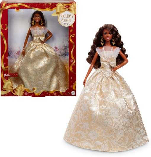 Barbie Signature 2025 Holiday Black Hair Fashion Doll Wearing Silver & Gold Gown, Seasonal Collector in Displayable Packaging & Stand - 1