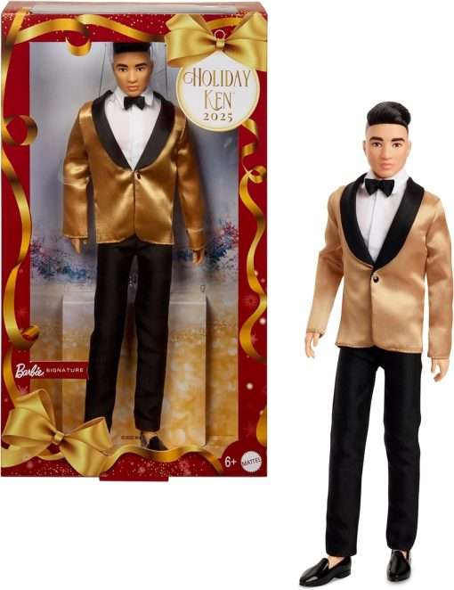 Barbie Signature 2025 Holiday Black Hair Ken Collectible Fashion Doll Wearing Full Suit with Golden Jacket in Displayable Packaging & Doll Stand - 1
