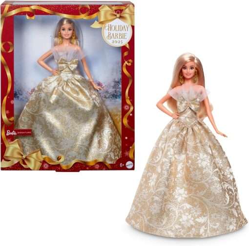 Barbie Signature 2025 Holiday Blonde Fashion Doll Wearing Silver & Gold Gown, Seasonal Collector in Displayable Packaging & Stand - 1