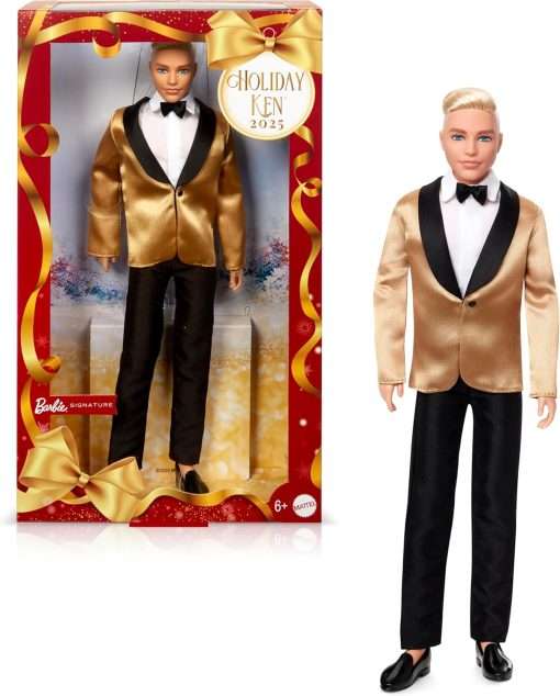 Barbie Signature 2025 Holiday Blonde Ken Collectible Fashion Doll Wearing Full Suit with Golden Jacket in Displayable Packaging & Doll Stand - 1