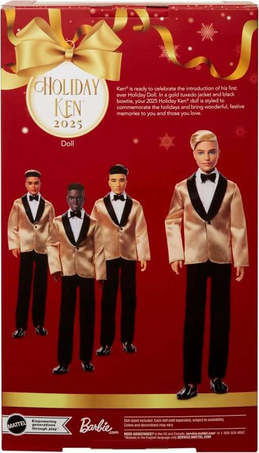 Barbie Signature 2025 Holiday Blonde Ken Collectible Fashion Doll Wearing Full Suit with Golden Jacket in Displayable Packaging & Doll Stand - 6