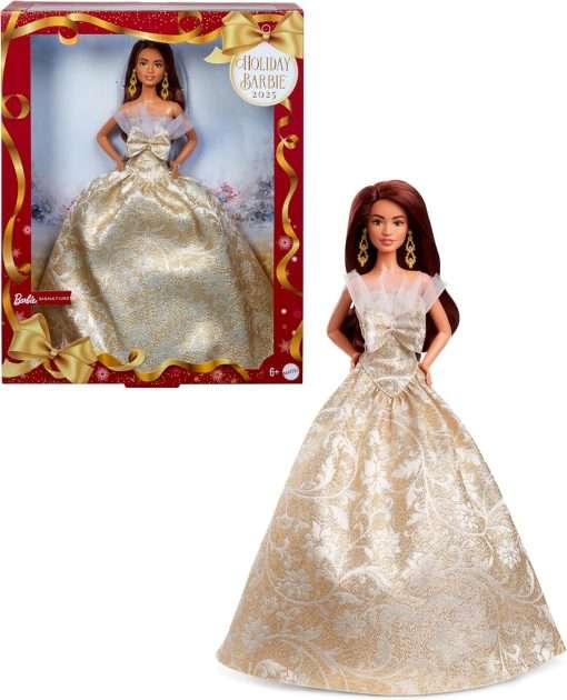 Barbie Signature 2025 Holiday Dark Brown Hair Fashion Doll Wearing Silver & Gold Gown, Seasonal Collector in Displayable Packaging & Stand - 1