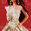 Barbie Signature 2025 Holiday Dark Brown Hair Fashion Doll Wearing Silver & Gold Gown, Seasonal Collector in Displayable Packaging & Stand - 3
