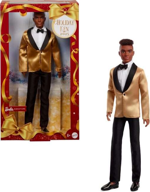 Barbie Signature 2025 Holiday Dark Brown Hair Ken Collectible Fashion Doll Wearing Full Suit with Golden Jacket in Displayable Packaging & Doll Stand - 1