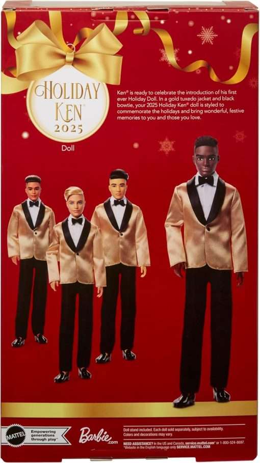Barbie Signature 2025 Holiday Dark Brown Hair Ken Collectible Fashion Doll Wearing Full Suit with Golden Jacket in Displayable Packaging & Doll Stand - 6