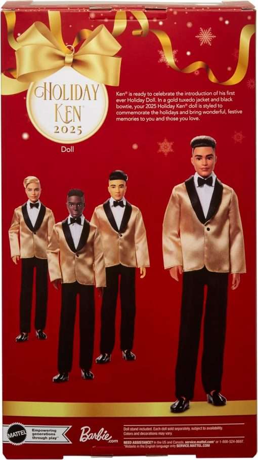 Barbie Signature 2025 Holiday Light Brown Hair Ken Collectible Fashion Doll Wearing Full Suit with Golden Jacket in Displayable Packaging & Doll Stand - 6
