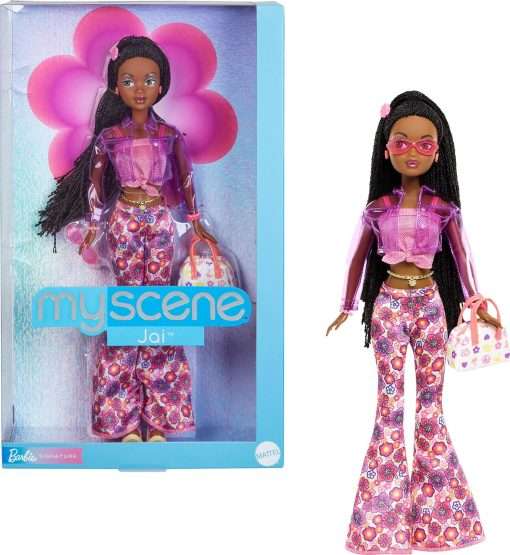 Barbie Signature My Scene Jai Doll and Accessories, Black Braids, Y2K-Inspired Outfit with Pink Top, Vinyl Jacket, Floral Flare Pants and Doll Stand - 1