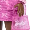Barbie Deluxe Style Doll #10 in Pink Denim Top and Skirt Set with Bow Print, Black Hair, Behind-The-Ear Hearing Aids and Accessories Like Handbag - 4