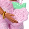Barbie Deluxe Style Doll #12 in Pink Denim Crop Top with Matching Rose Print Flare Jeans, Wavy Brown Hair, Accessories Like Rose Handbag and Jewelry - 4