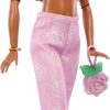 Barbie Deluxe Style Doll #12 in Pink Denim Crop Top with Matching Rose Print Flare Jeans, Wavy Brown Hair, Accessories Like Rose Handbag and Jewelry - 5