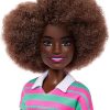 Barbie Fashionistas Doll #247 with Curly Black Hair, Pink and Green Striped Collared Dress with Accessories Like Orange Watch and White Sneakers - 3