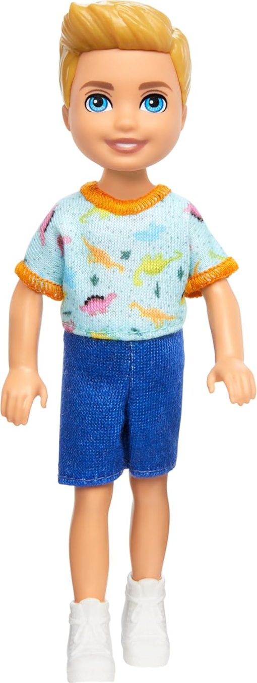 Barbie Chelsea Doll, Small Boy Doll Wearing Removable One-Piece with Dinosaur Print & White Shoes, Blond Hair & Blue Eyes - 1