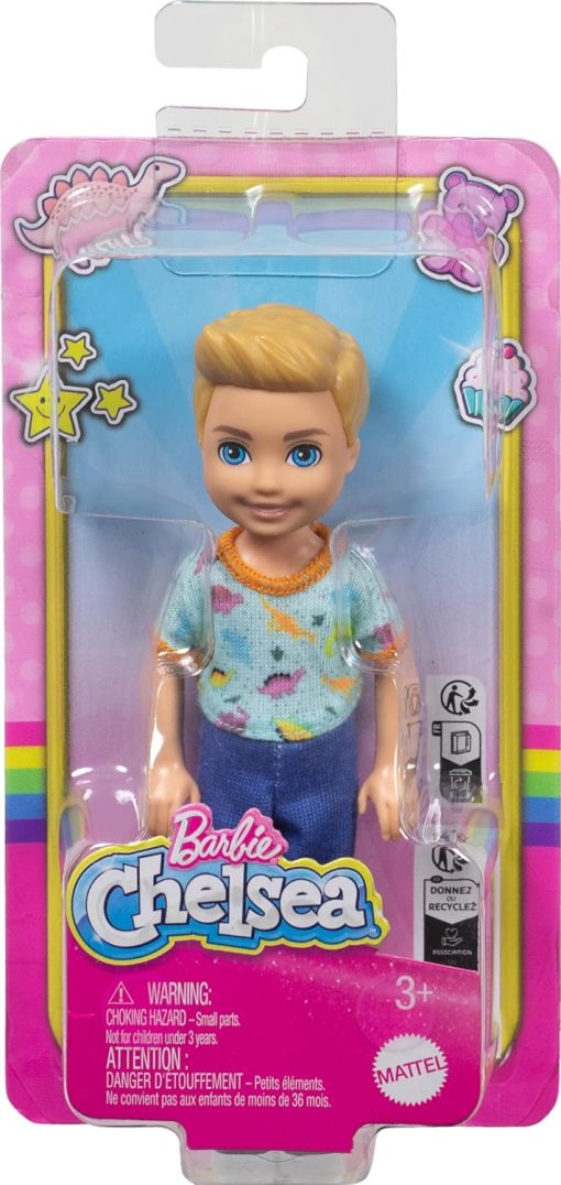 Barbie Chelsea Doll, Small Boy Doll Wearing Removable One-Piece with Dinosaur Print & White Shoes, Blond Hair & Blue Eyes - 6