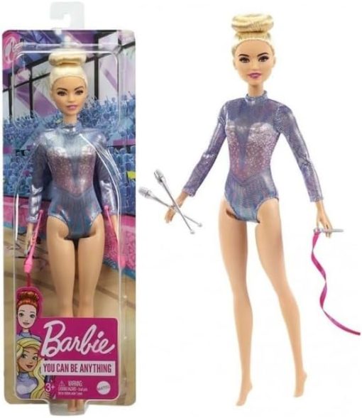 Barbie Rhythmic Gymnast Blonde Doll (12-in-30.40-cm) with Colorful Metallic Leotard, 2 Clubs & Ribbon Accessory, Great Gift for Ages 3 Years Old & Up