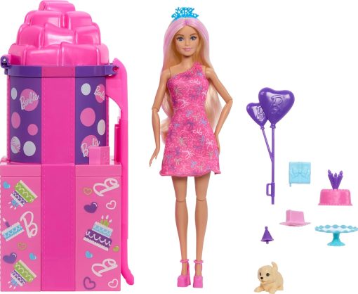Barbie Rise & Surprise Doll & Accessories, Pet Birthday Series with 12 Surprises Including Slide & Color-Change Activity - 1