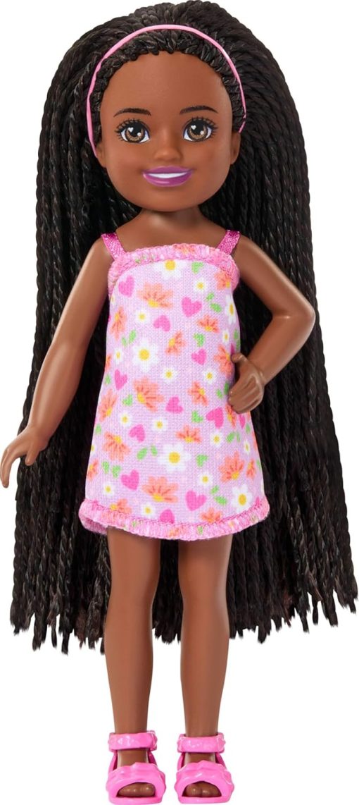 Barbie Club Chelsea Small Doll, 6-Inch Ari with Braided Hair Wearing Removable Flower-Print Dress & Pink Sandals - 1