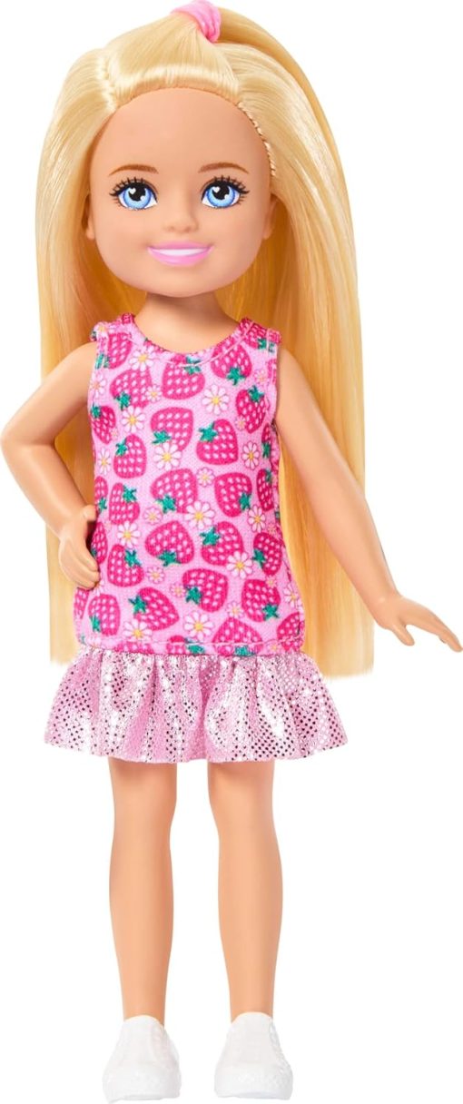 Barbie Club Chelsea Small Doll, 6-Inch with Blonde Hair Wearing Removable Strawberry-Print Dress & Shoes - 1