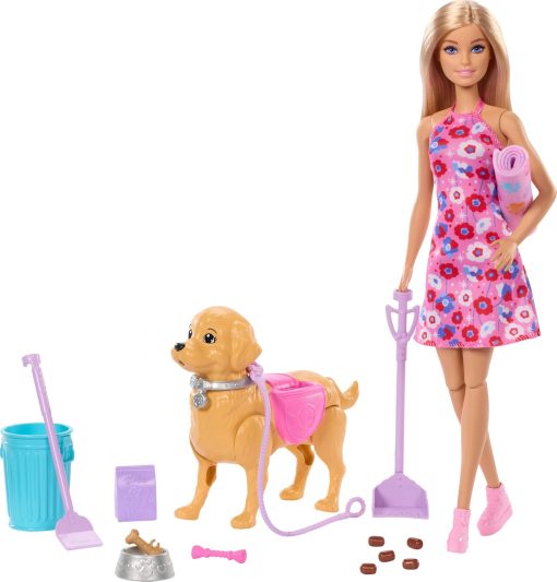 Barbie Walk & Potty Puppy Toy Set - Includes a Walking Dog Toy That Gets Her Needs, a Malibu Doll, Pick Up Shovel and Accessories, JJB46 - 1