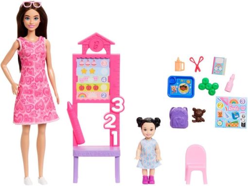 Barbie Careers Teacher Playset with Fashion Doll Wearing Removable Dress, Toddler Small Doll, Classroom Board & Accessories - 1