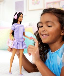 Barbie Fashionistas Doll #245, Autistic Doll Wearing Purple Striped Dress with Accessories Like Fidget Spinner, Tablet and Headphones - 2