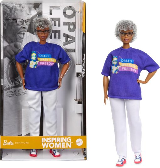 Barbie Inspiring Women Doll, Opal Lee Collectible in Blue “Opal’s Walk for Freedom” T-Shirt, White Pants and Glasses, Doll Stand and Displayable Packaging - 1