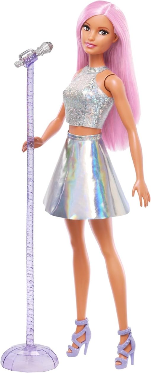 Barbie Pop Star Doll Dressed in Iridescent Skirt with Microphone and Pink Hair, Gift for 3 to 7 Year Olds - 1
