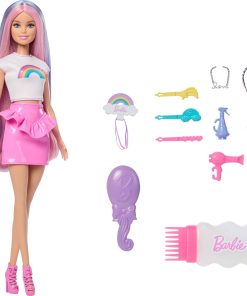 Barbie Rainbow Sparkle Hair Doll, Extra-Long and Colorful Hair with 12 Styling Accessories Like Glitter Tube, Brush, Clips, Dryer and More - 1