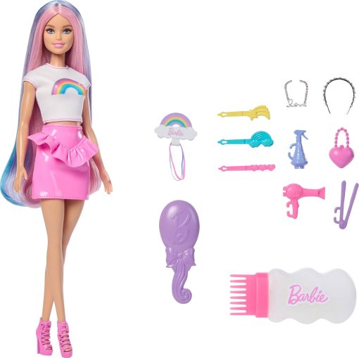 Barbie Rainbow Sparkle Hair Doll, Extra-Long and Colorful Hair with 12 Styling Accessories Like Glitter Tube, Brush, Clips, Dryer and More - 1