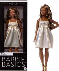 Barbie Basics Model Collector Fashion Doll 09 with Brunette Hair in Golden Dress & Strappy Heels, Universal-fit Fashions & Posable Body - 1