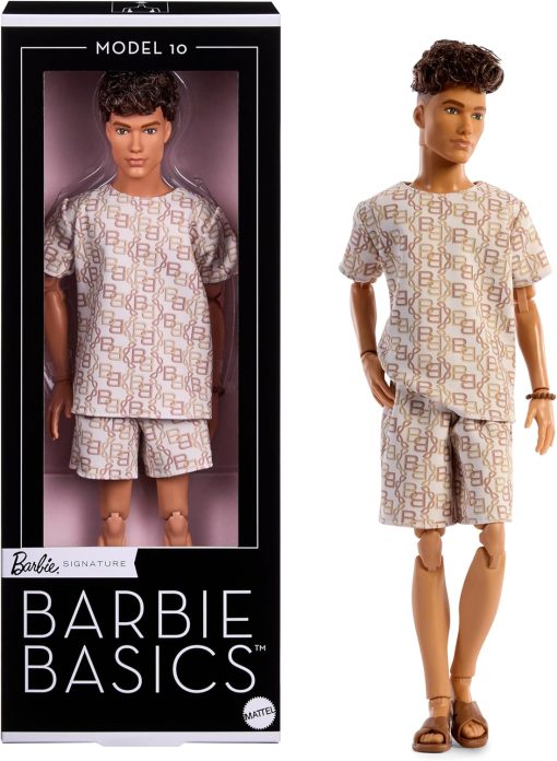 Barbie Basics Model Collector Ken Fashion Doll 10 with Brunette Hair in Shirt & Shorts with Matching Print, Universal-fit Fashions & Posable Body - 1