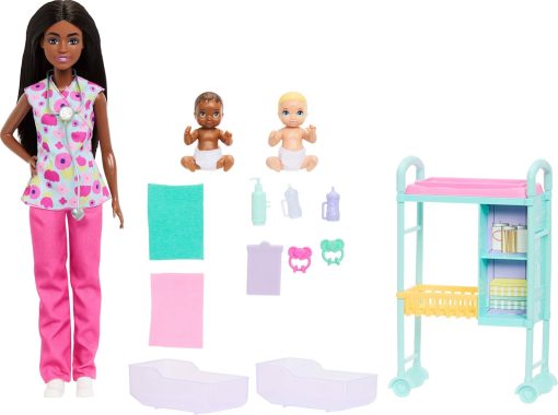 Barbie Careers Baby Doctor Playset with Brunette Doll Wearing Scrubs, 2 Baby Dolls, Examination Table & Accessories - 1