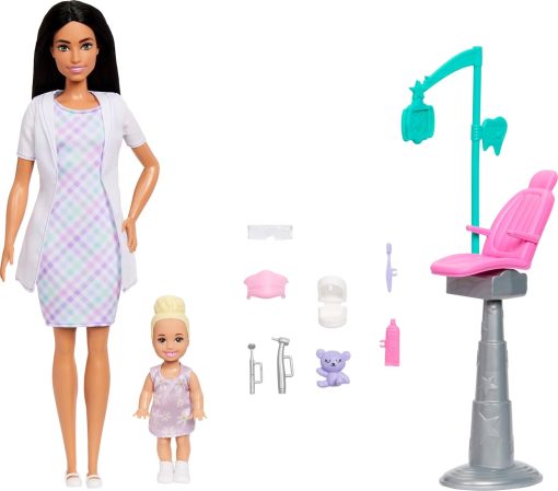 Barbie Careers Dentist Playset with Brunette Doll Wearing White Coat, Toddler Small Doll, Examination Chair & Accessories - 1