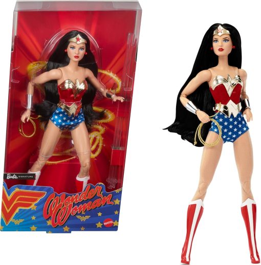 Barbie Signature Doll, Wonder Woman Collectible with Doll Stand in Red and Blue Tank Suit with Golden Accessories Like Lasso, Headpiece and Belt - 1