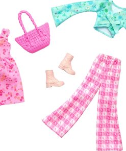 Barbie Clothes, Doll Fashions and Accessories Set Featuring 2 Complete Cottage Core Outfits, Including Floral Dress, Gingham Pants and More - 1