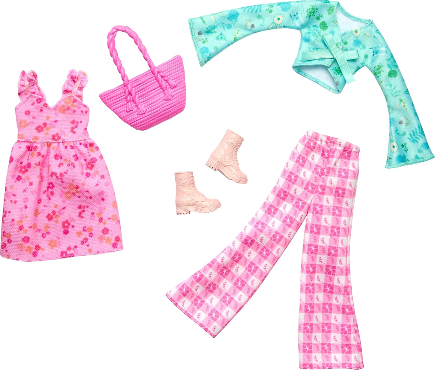 Barbie Clothes, Doll Fashions and Accessories Set Featuring 2 Complete Cottage Core Outfits, Including Floral Dress, Gingham Pants and More - 1