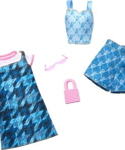 Barbie Fashions Clothing Set, 2 Denim Outfits for Fashion Doll Include Dress, Top & Shorts & 2 Accessories - 1